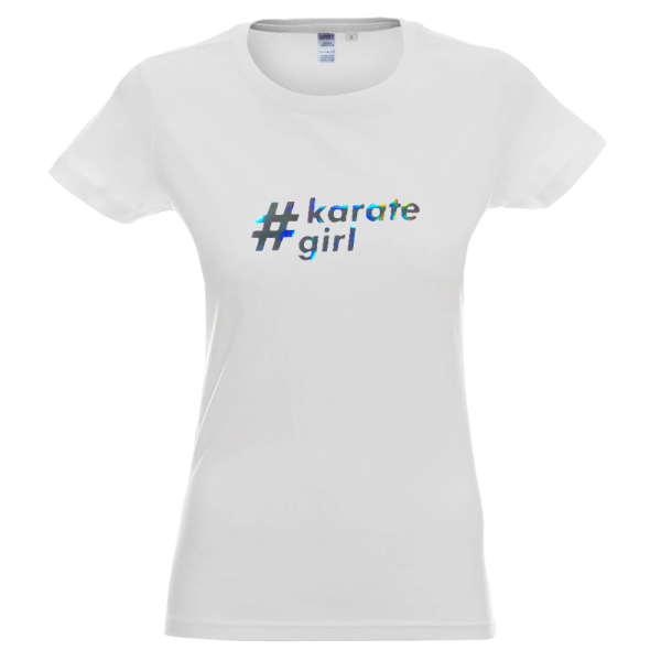 1h5ausuqeu-biala.png Koszulka damska #karate girl – holograficzny nadruk